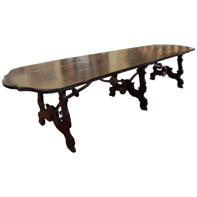 19th Century Italian Monastery Walnut and Iron Trestle Table 1