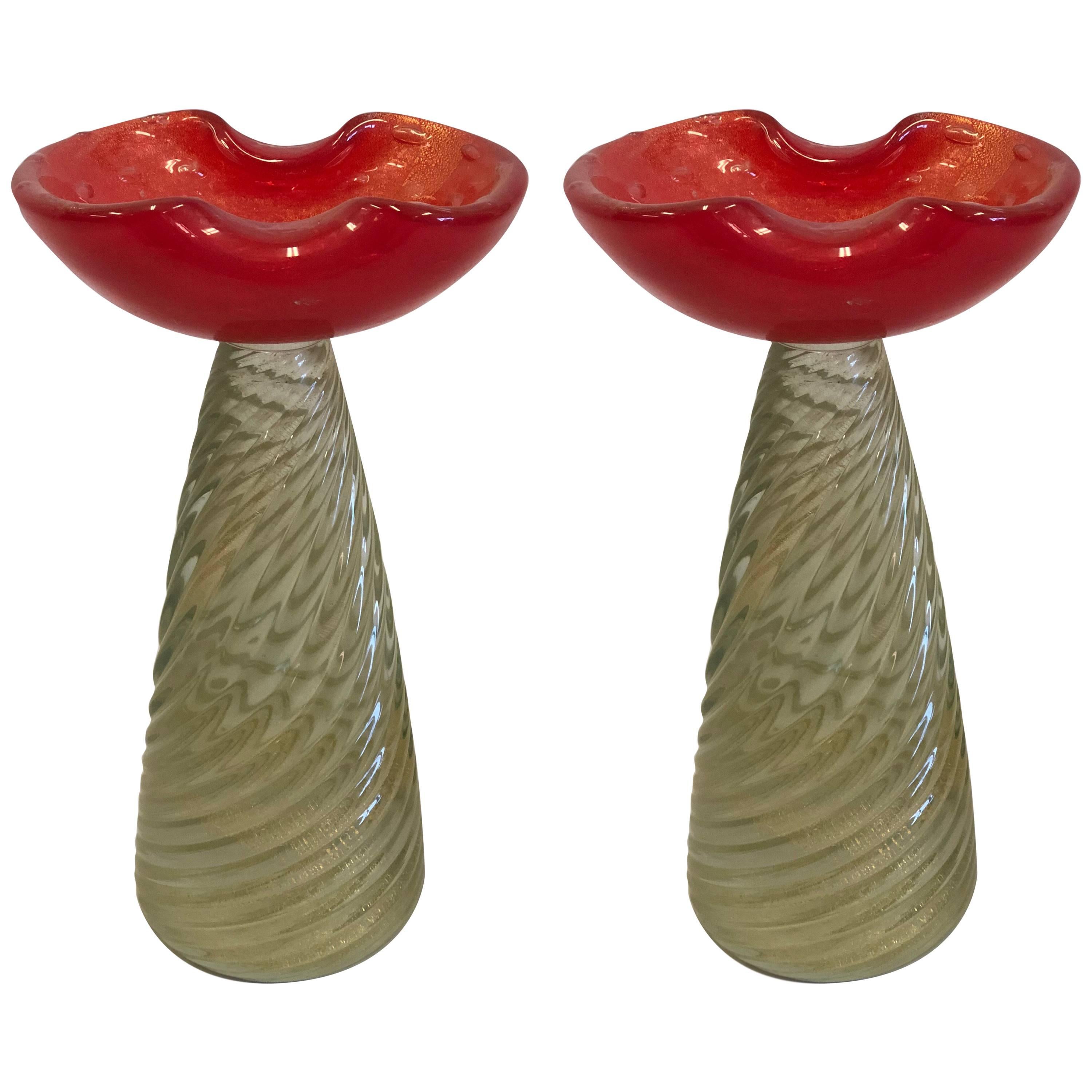 Pair of Mid-Century Modern Murano / Venetian Glass Candlestick or Candelabra For Sale