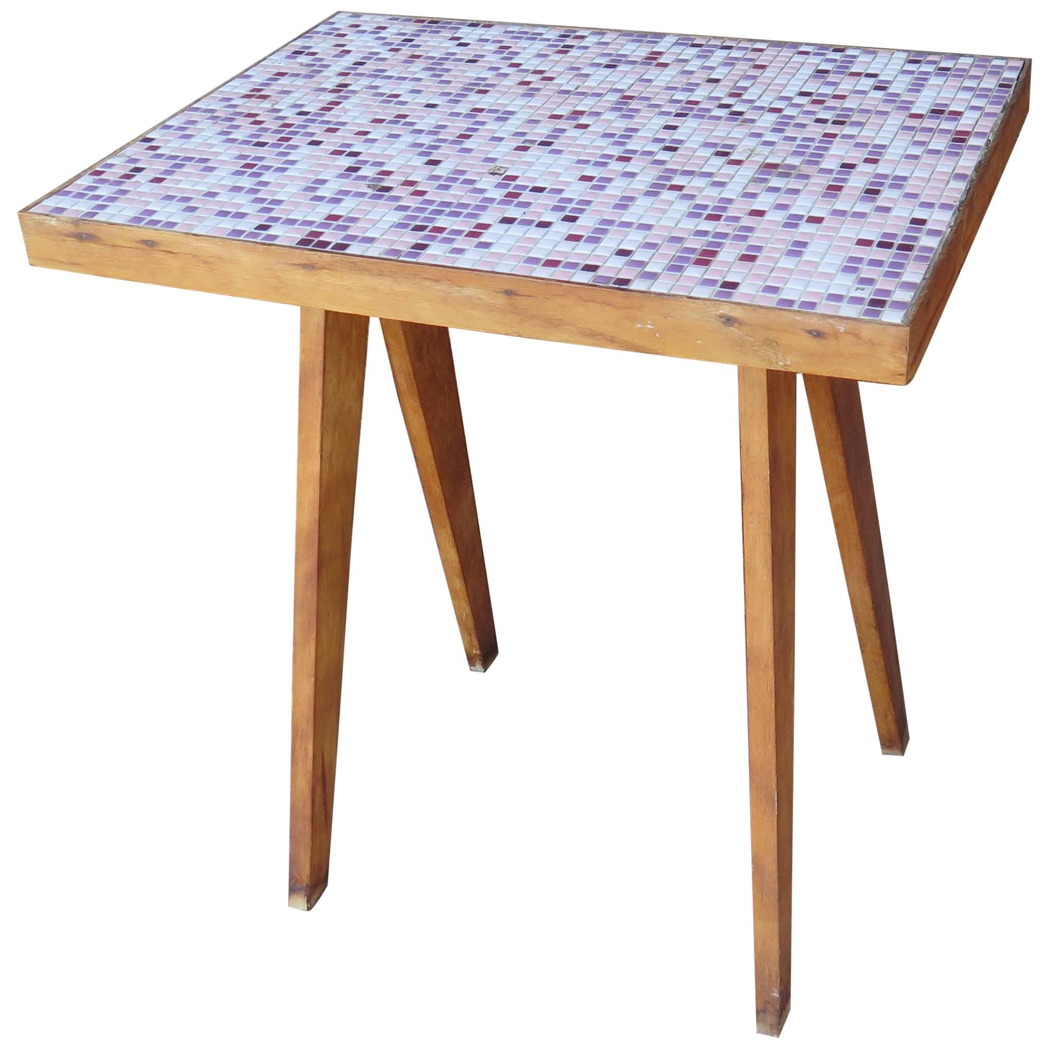 French Tile Top Pink Side Table, Midcentury