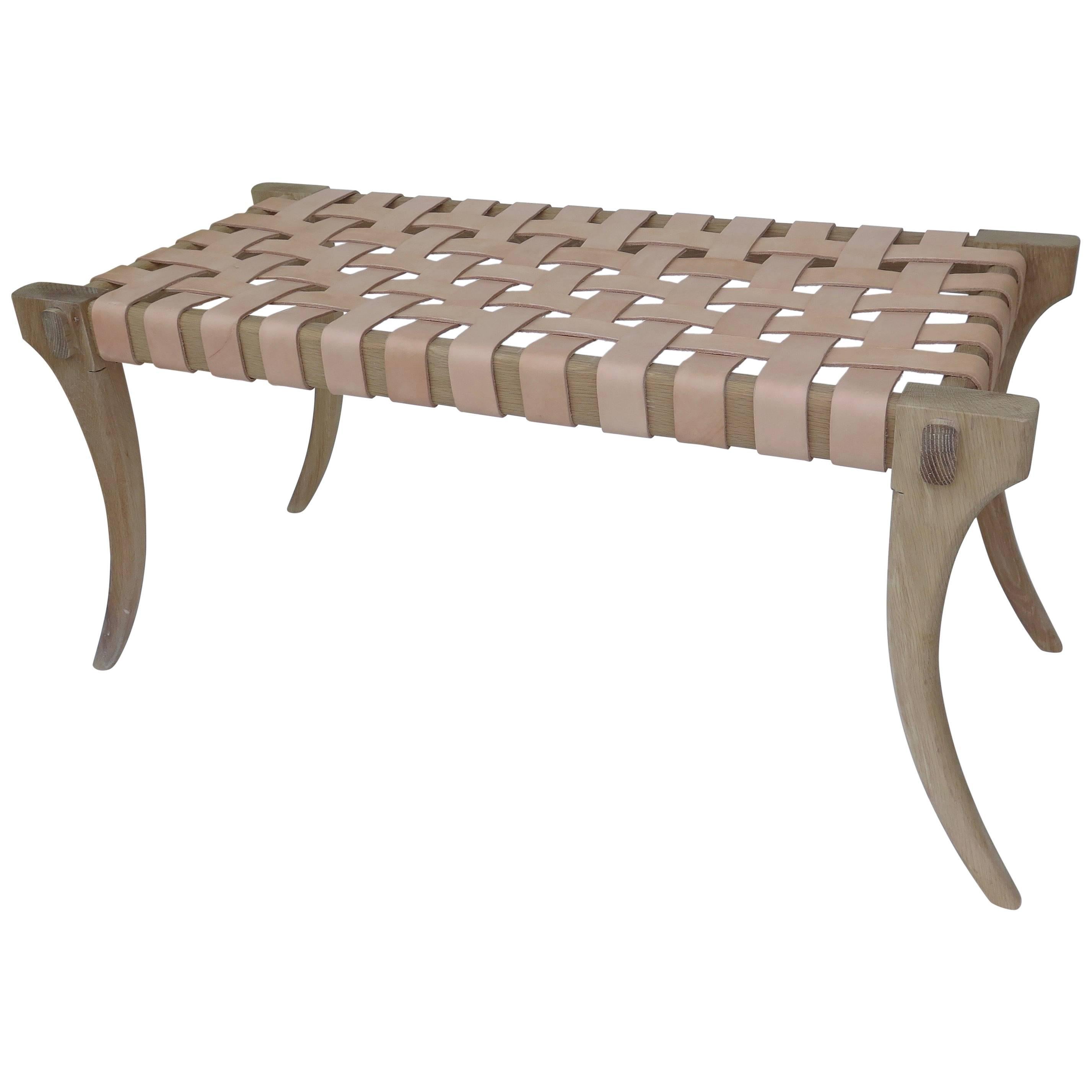 Haskell Studio Lola Strapped Leather Bench in White Oak Klismos Legs