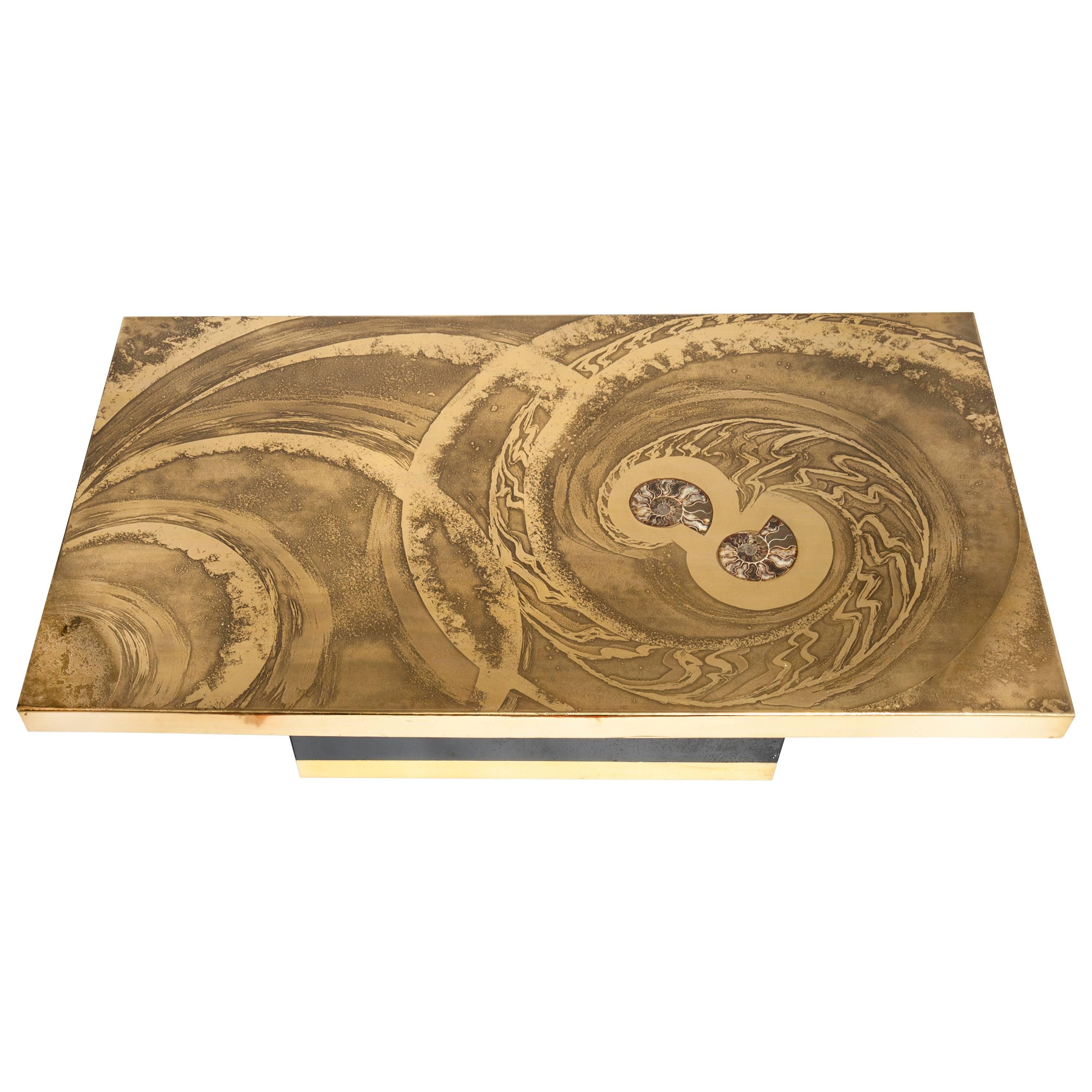 Coffee Table Etched Brass Inlay Ammonite by Georges Mathias