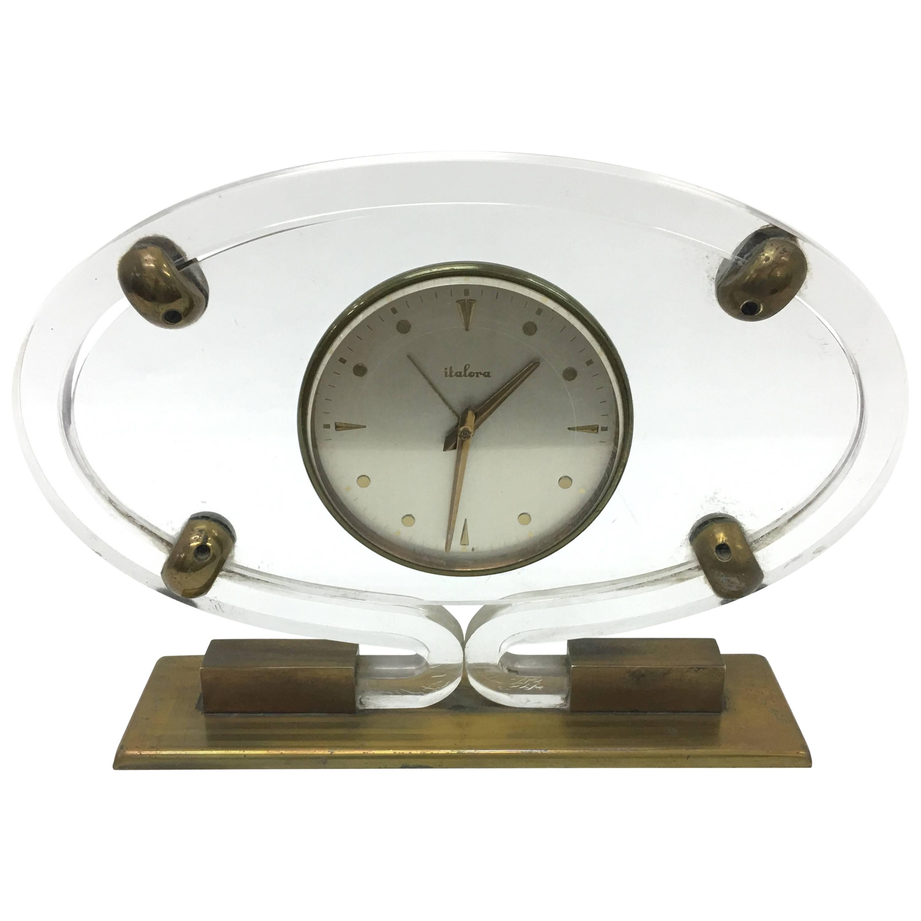 Mid-Century Modern Italian Plexiglass and brass Table Clock by Italora 1950