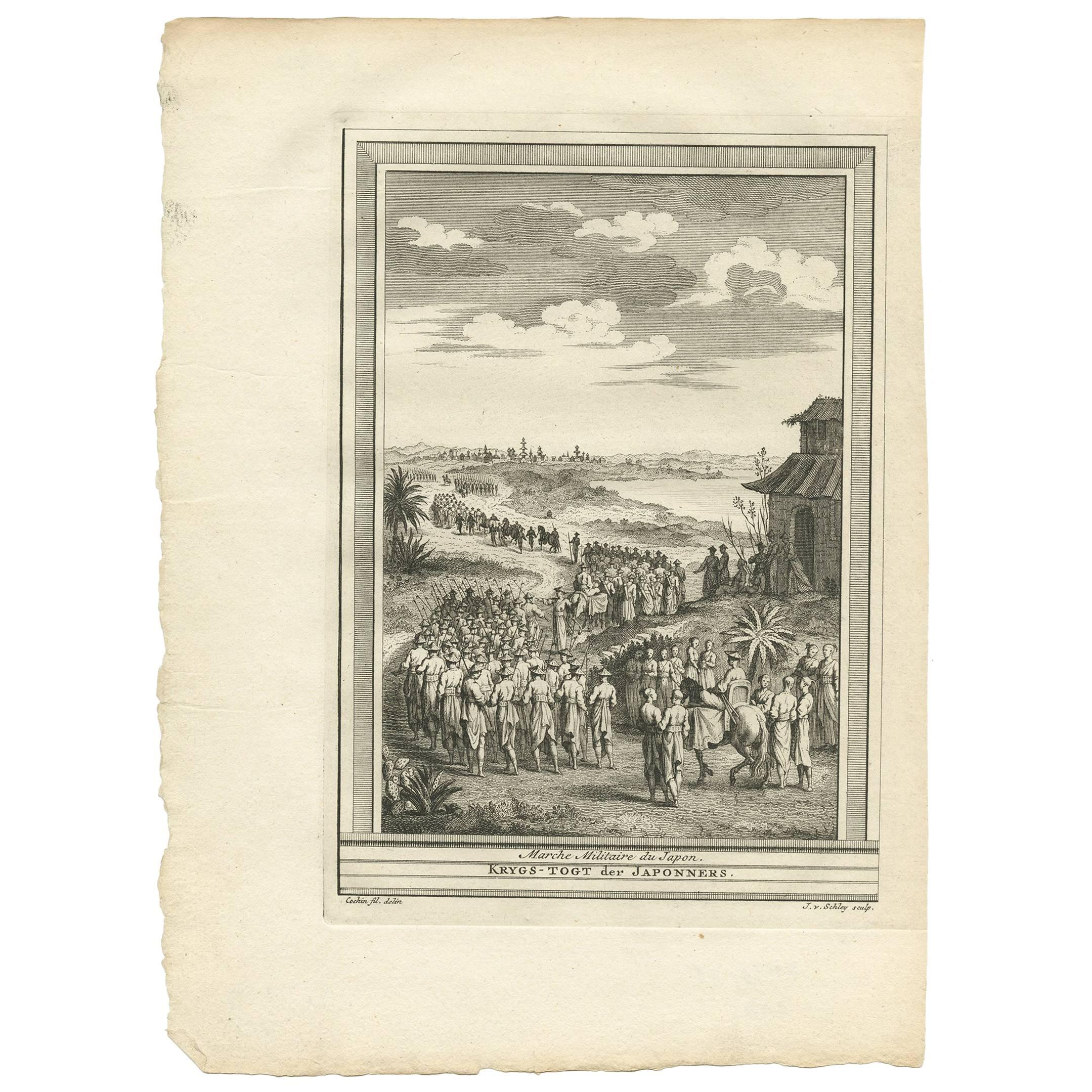 Antique Print of Japanese Soldiers Marching by J. Van Schley '1750'