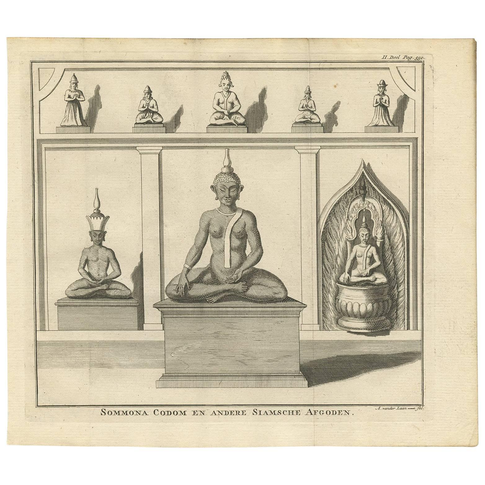 Antique Print of Statues of Buddha and Siamese Deities by A. van der Laan, 1739 For Sale