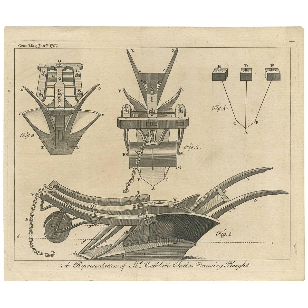 Antique Farm Print of Mr. Cuthbert Clarkes Draining Plough, 1767