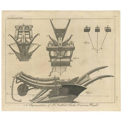 Antique Farm Print of Mr. Cuthbert Clarkes Draining Plough, 1767