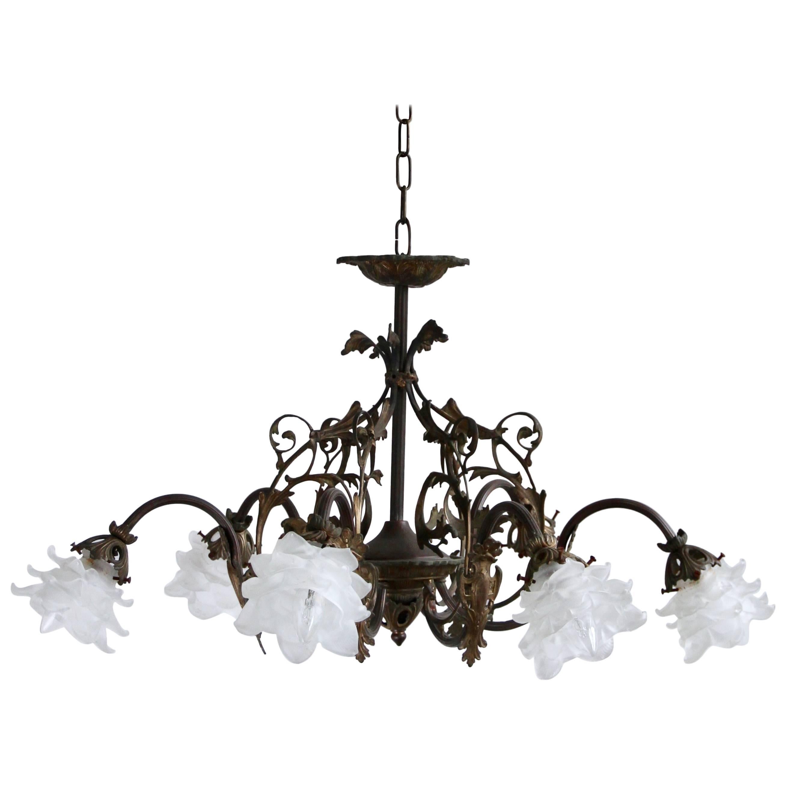1920s Decorative Brass Downlighter Chandelier with Frosted Floral Shades