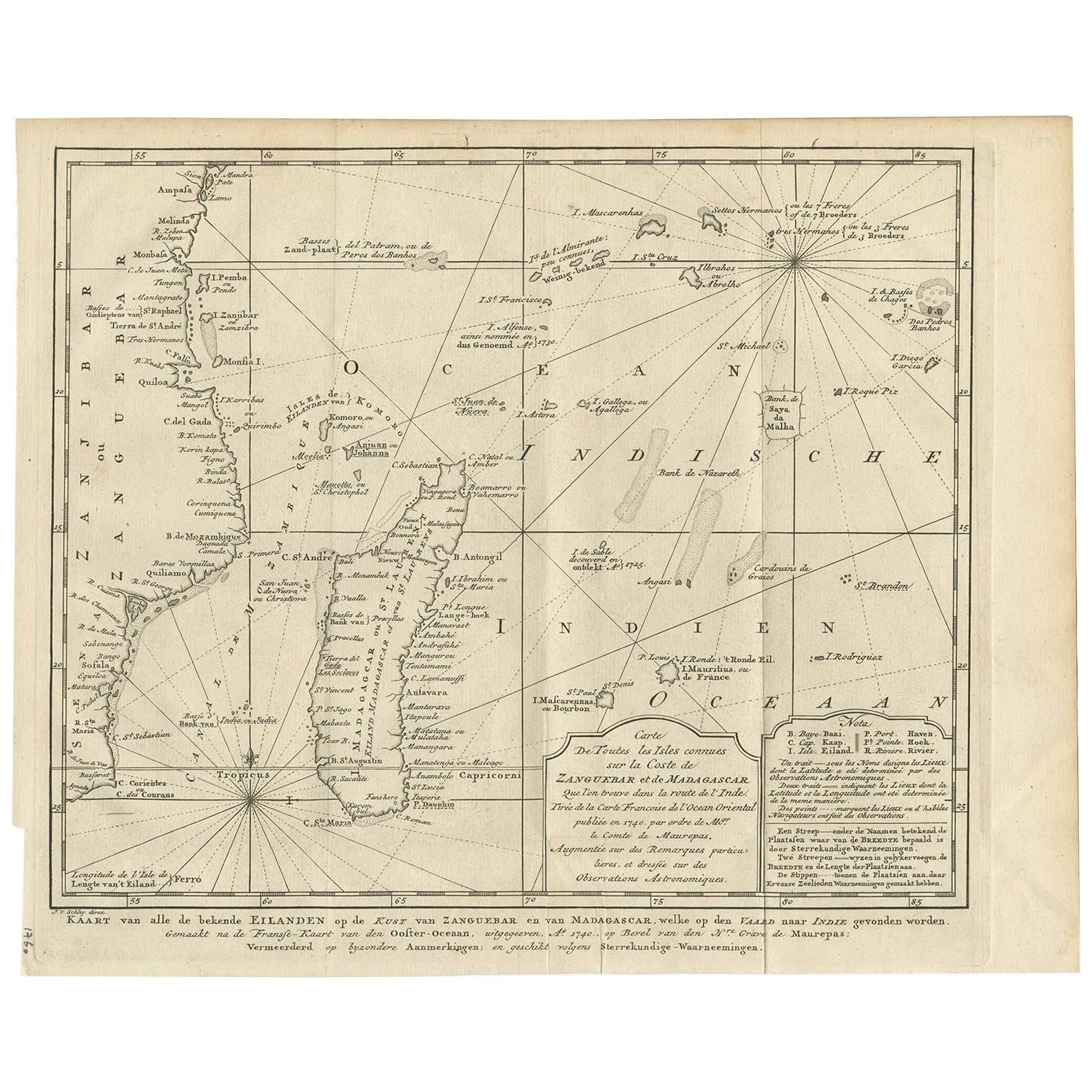 Carte ancienne de la côte de Zanguebar et de Madagascar en Afrique par J. van Schley