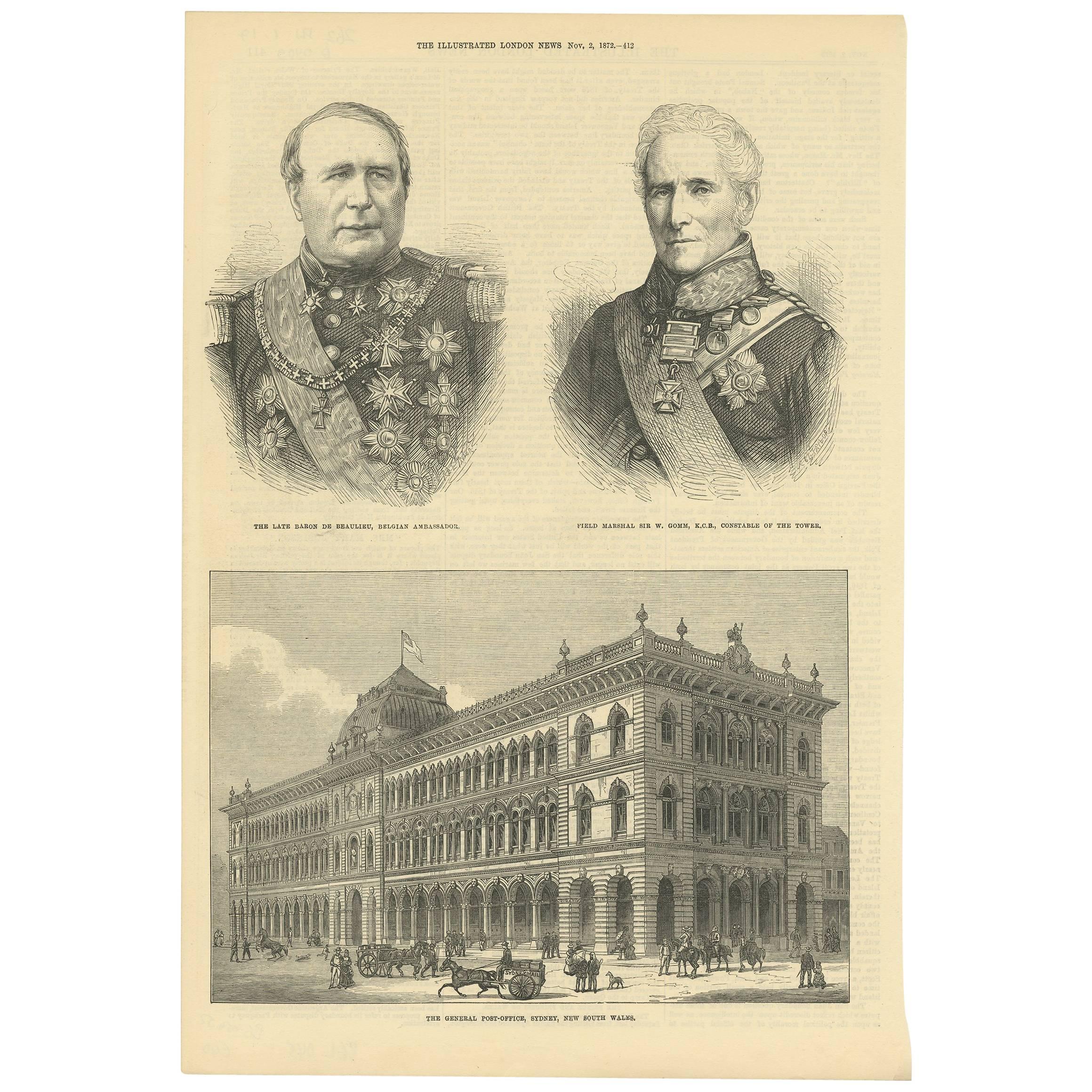 Antiker Druck mit zwei Porträts und einer Ansicht des General Post Office „Sydney“