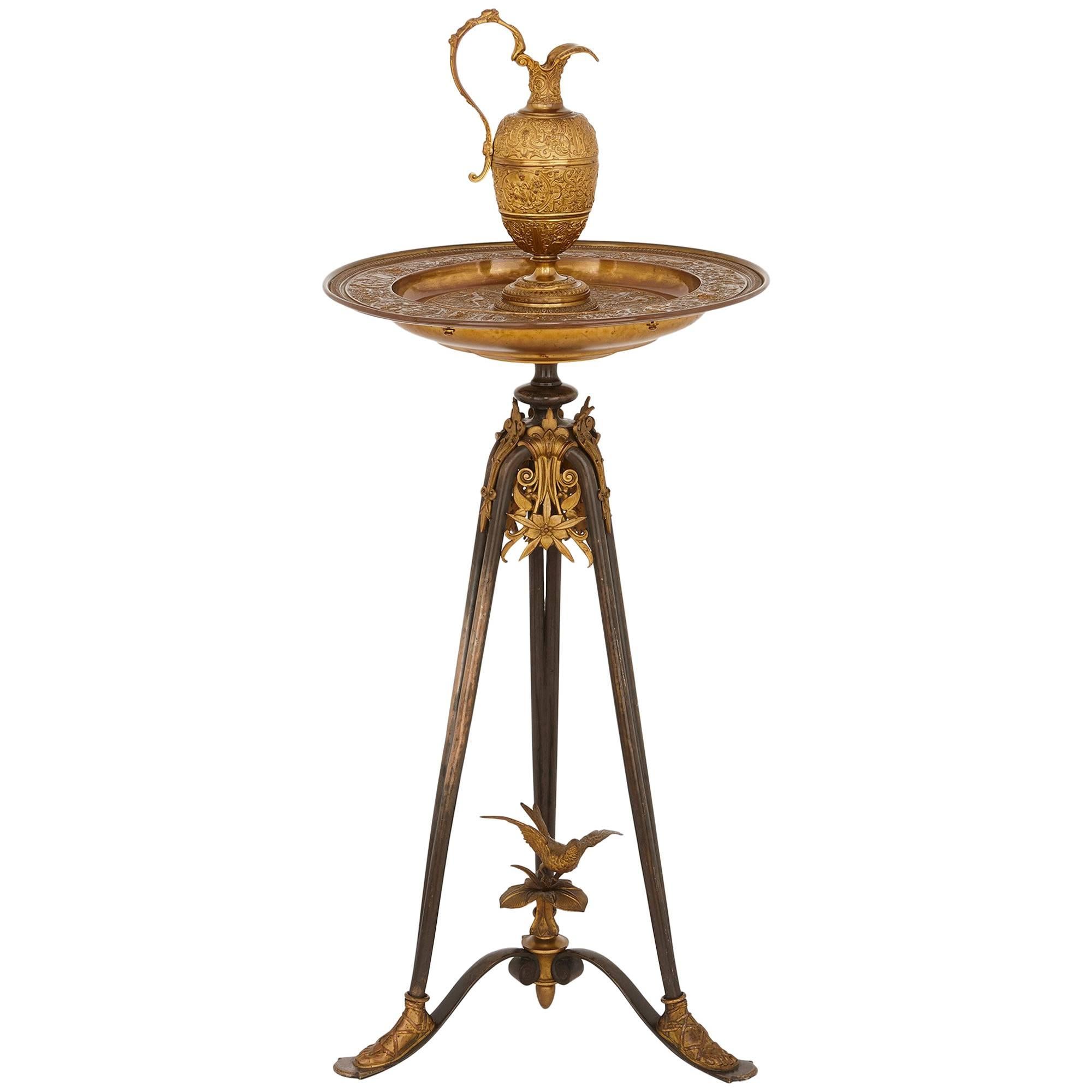 Gilt and Patinated Bronze Ewer on Stand, Attributed to Barbedienne