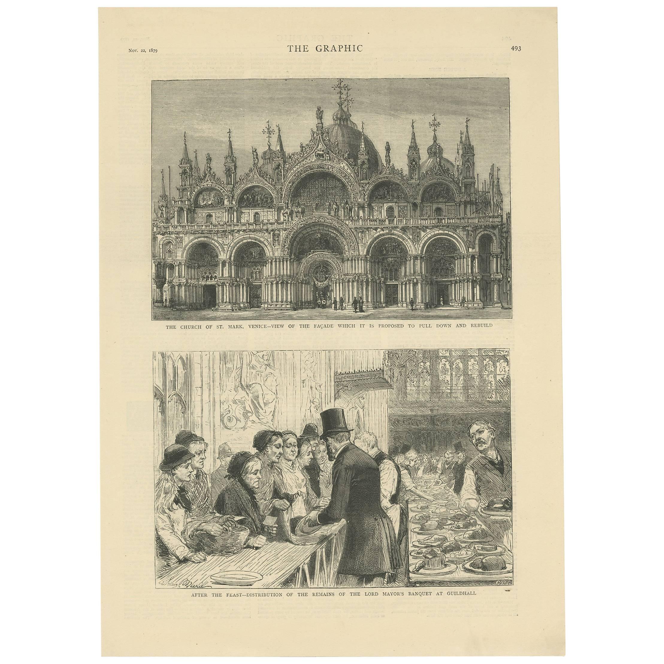 Antique Print of the Church of St. Mark 'Venice' and Lord Mayor's Banquet