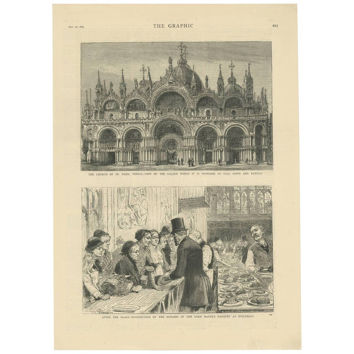 Antique Print of the Church of St. Mark 'Venice' and Lord Mayor's Banquet