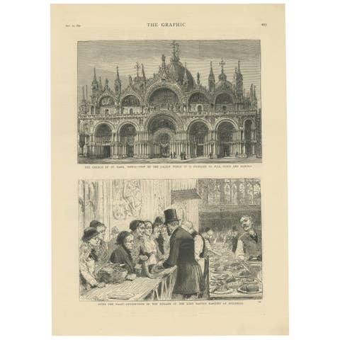 Antique Print of the Church of St. Mark 'Venice' and Lord Mayor's Banquet