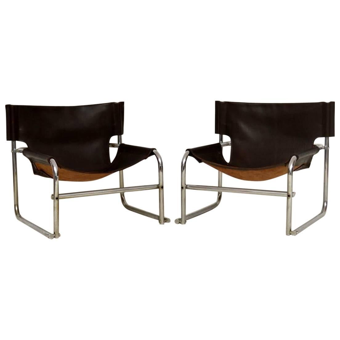 1960s Steel and Leather Pair of Armchairs, T1 by Rodney Kinsman for OMK