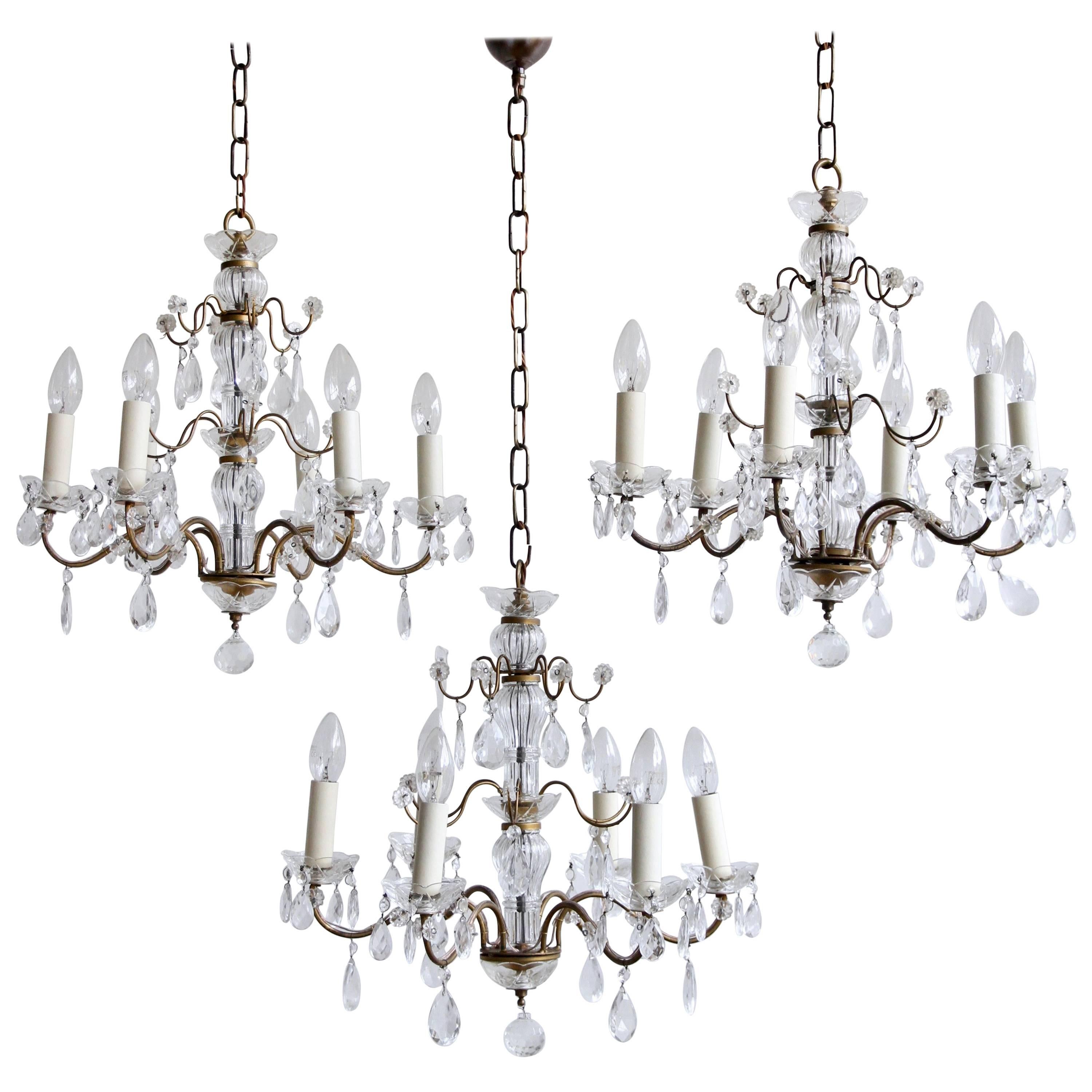 Delicate Pretty Glass and Brass 1930s French Chandeliers