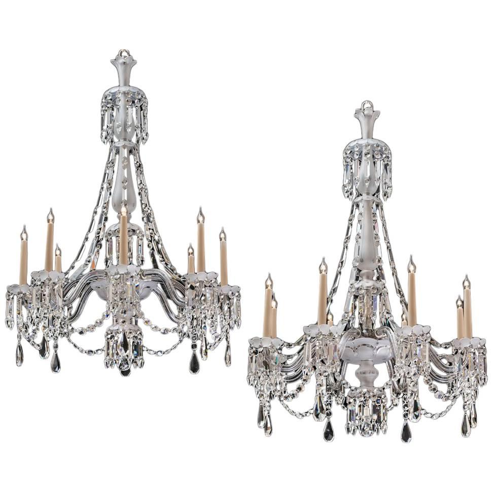 Fine Pair of Victorian Frosted and Cut Glass Eight-Light Chandeliers