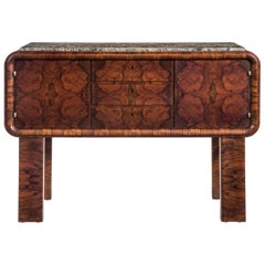 German Art Deco Burl Walnut and Marble Sideboard Cabinet