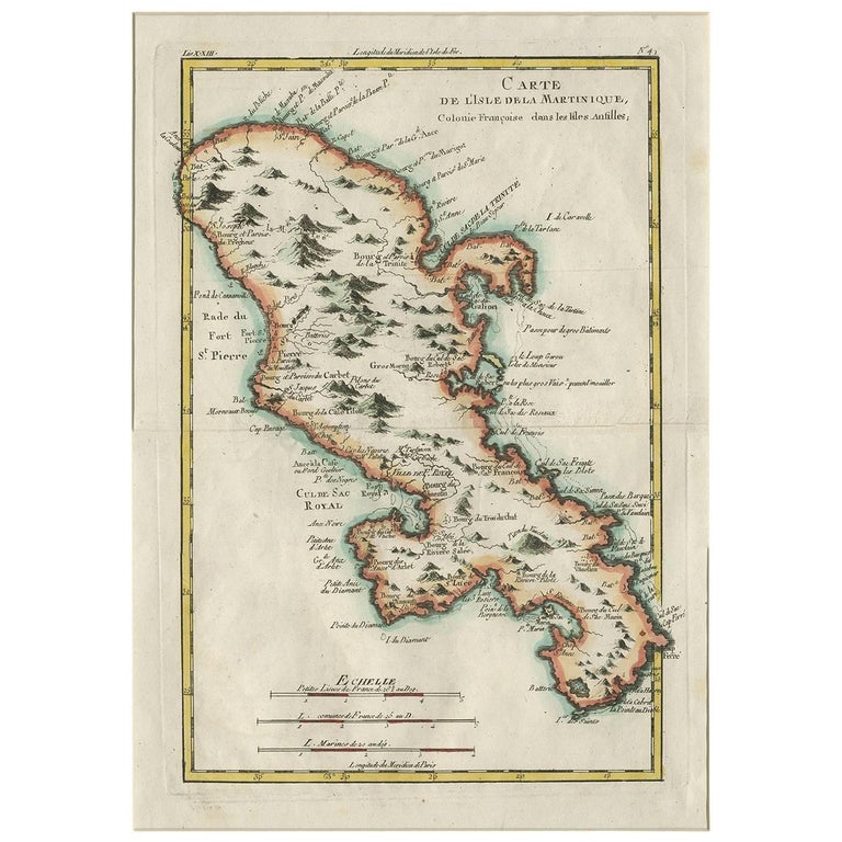 Antique Map of the Island of Martinique by R. Bonne, circa 1780 For