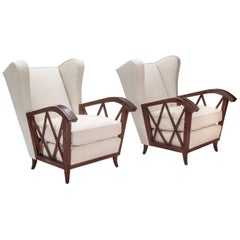Paolo Buffa Pair of Comfortable Italian Cerused Wood and Upholstered Chairs