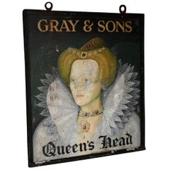 Vintage 20th Century Metal Hand-Painted Pub Sign, Queens Head