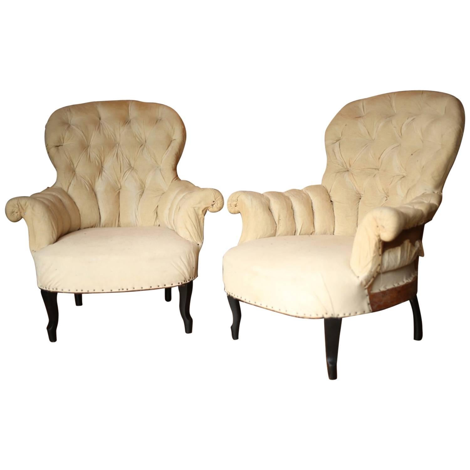 Pair of Napoleon III Buttoned Back Armchairs