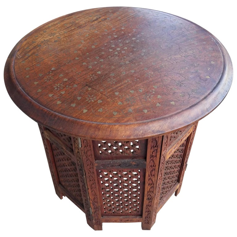 Indian Moroccan Carved Wooden Side Table, Copper Inlay at 1stDibs