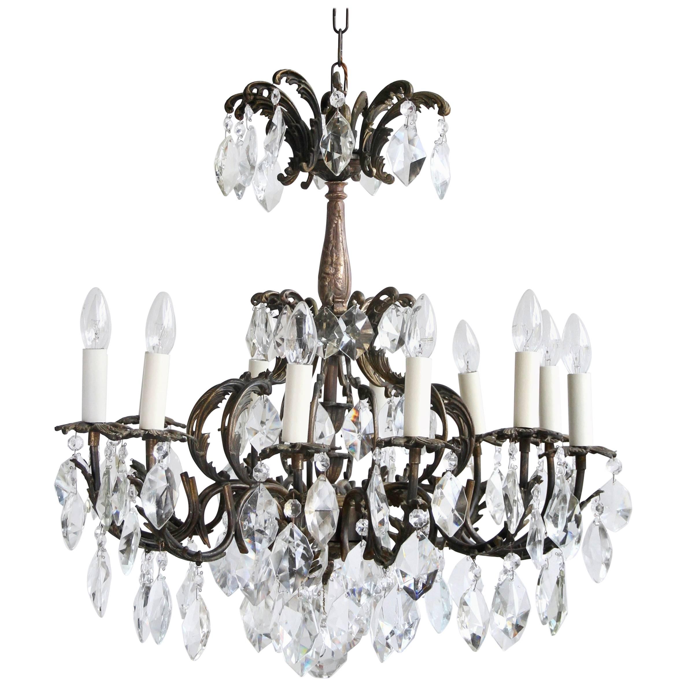 Early 1900s French Ornate Brass Chandelier with Cut-Crystal Iceberg Drops