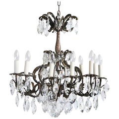 Early 1900s French Ornate Brass Chandelier with Cut-Crystal Iceberg Drops