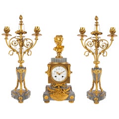 Grey Marble and Gilt Bronze Antique French Clock Set