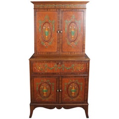 Vintage Adam Style Painted Decorated Mahogany Drop-Front Secretary, 20th Century