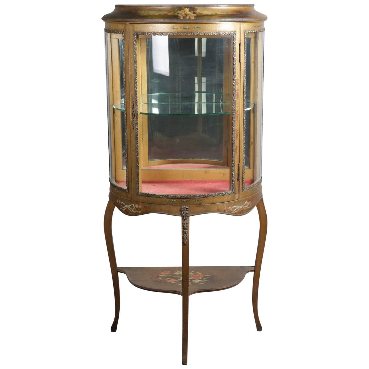 Antique French Demilune Vernis Martin School Giltwood Vitrine with Ormolu