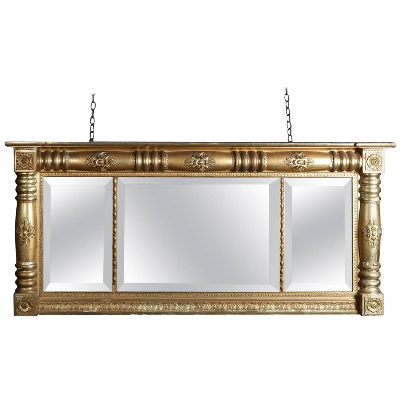 Antique American Empire Gold Gilt Triptych over Mantel Mirror, 19th Century