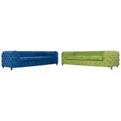 Original Kare Designer Sofa Set Fabric Green and Blue Three-Seat Couch Modern