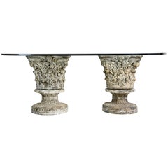 Vintage Monumental Glass Top Dining Table on Cast Stone Corinthian Pedestals