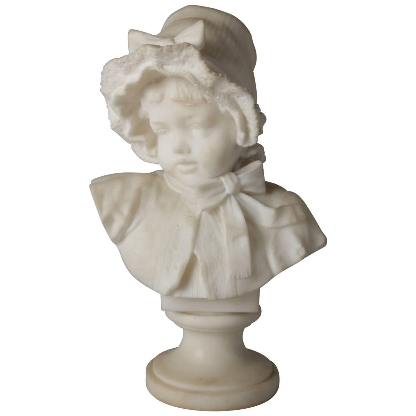 Italian Lapini School Victorian Carved Marble Bust, Young Girl in Bonnet