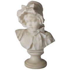Antique Italian Lapini School Victorian Carved Marble Bust, Young Girl in Bonnet