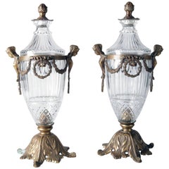 Pair of Large Neoclassical Figural Glass and Bronzed Lidded Urns, 20th Century