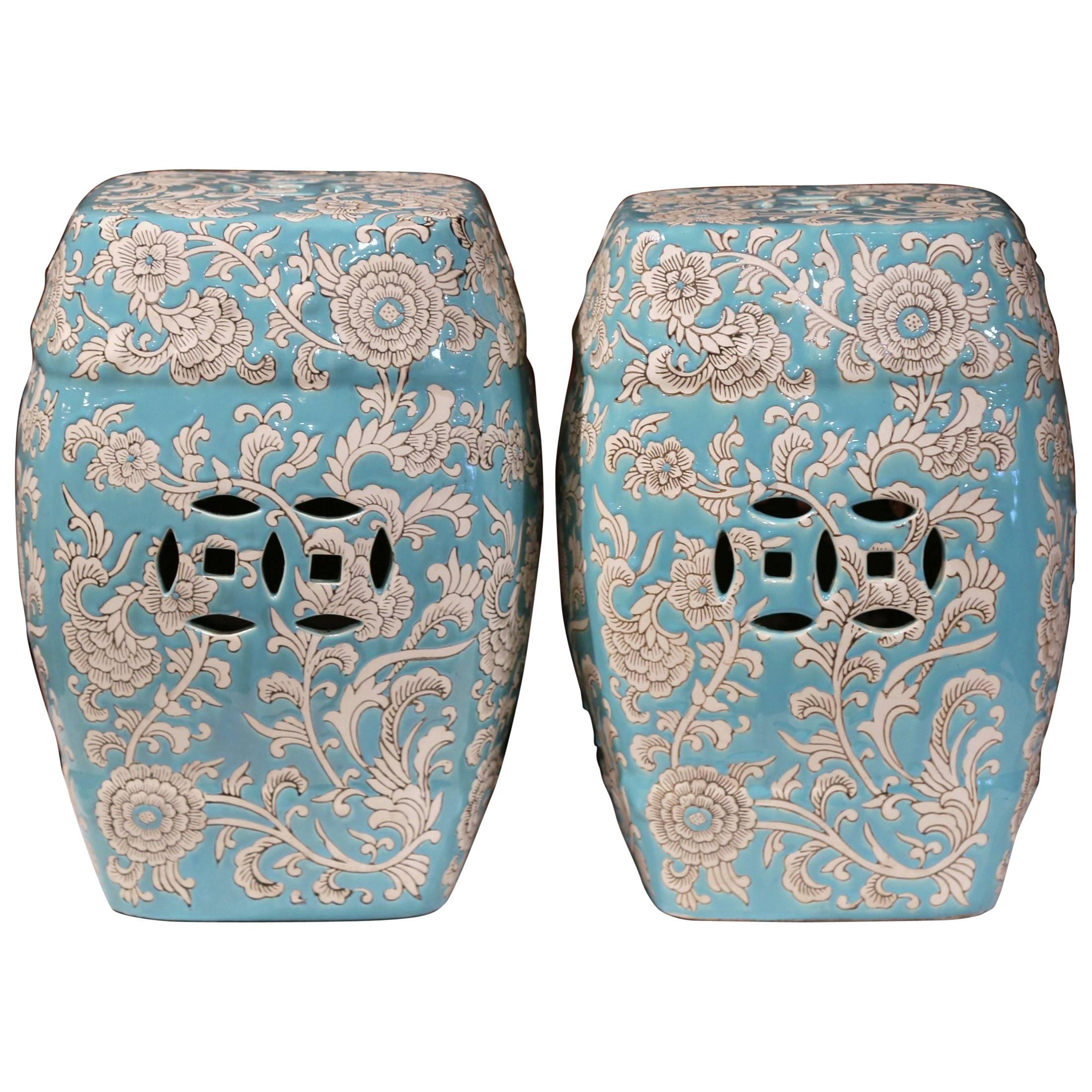 Mid-20th Century Pair of Asian Turquoise and White Glazed Ceramic Garden Stools