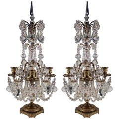 Pair of French Louis XVI Bronze and Cut Lead-Crystal Girandoles