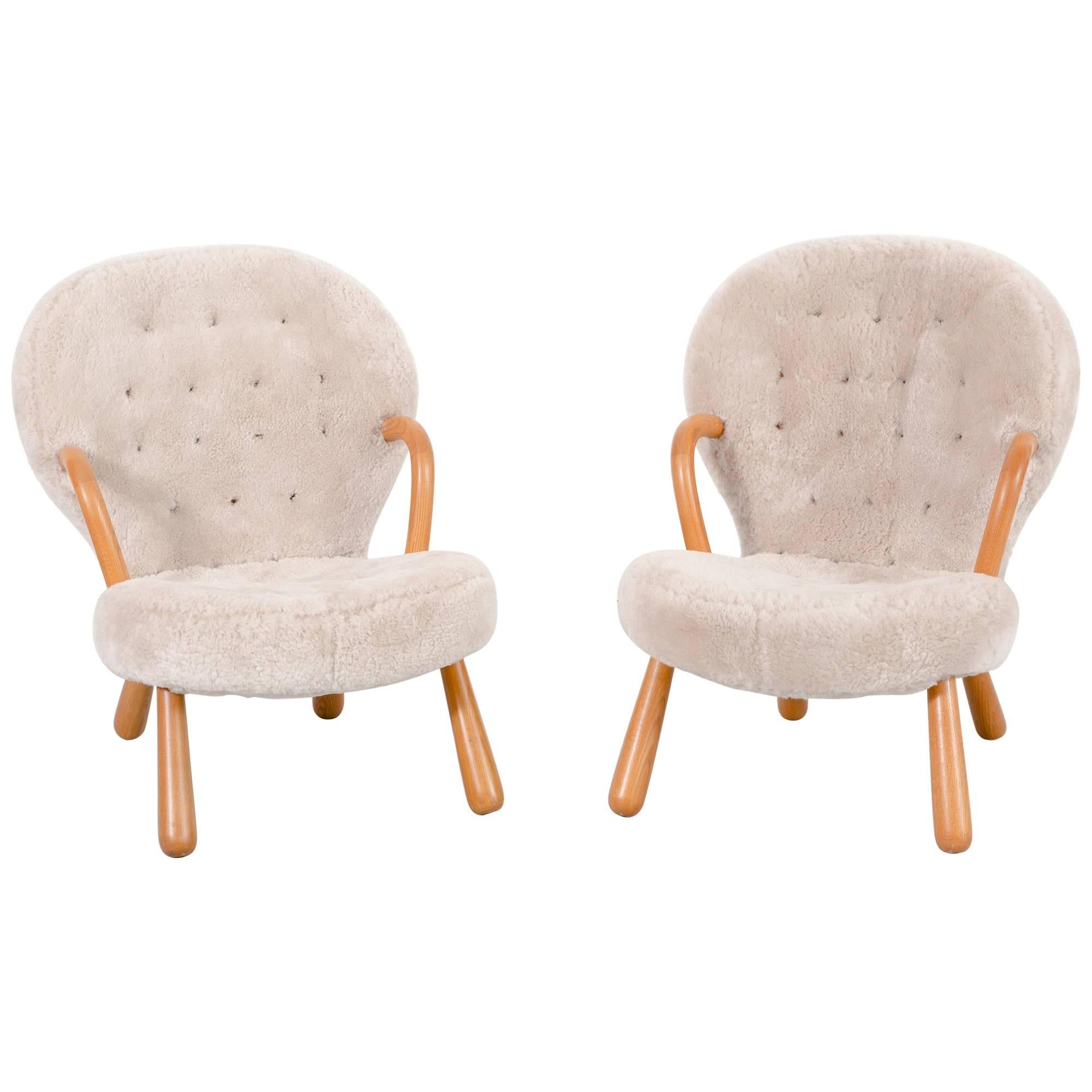 Set of Clam Chairs by Phillip Arctander Freshly Reupholstered in Sheepskin