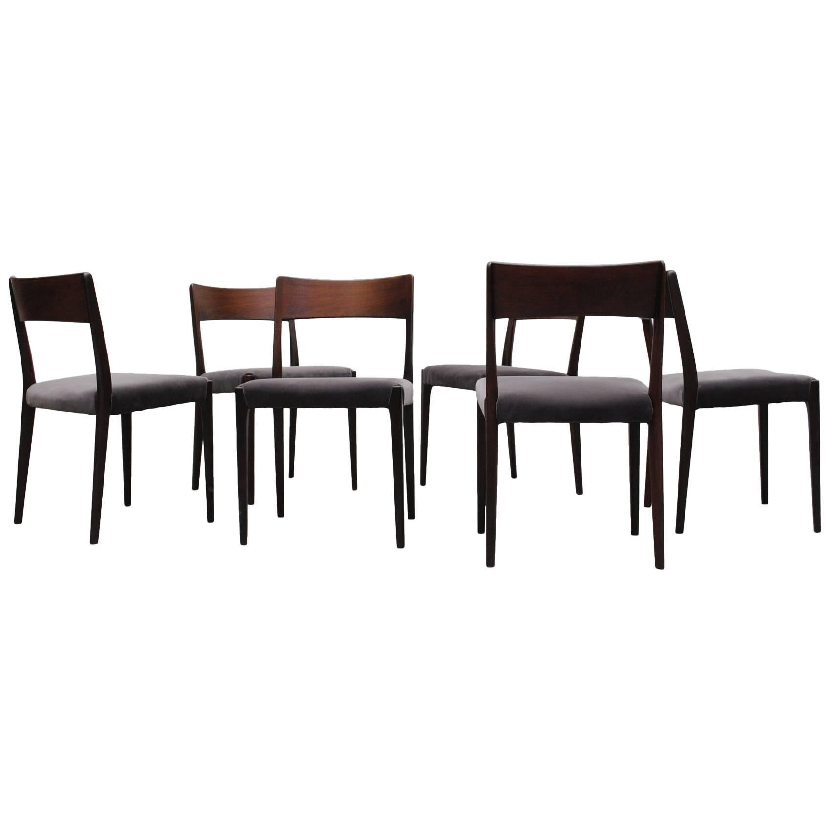Set of Six Danish Rosewood Dining Chairs with Velvet Upholstered Seats