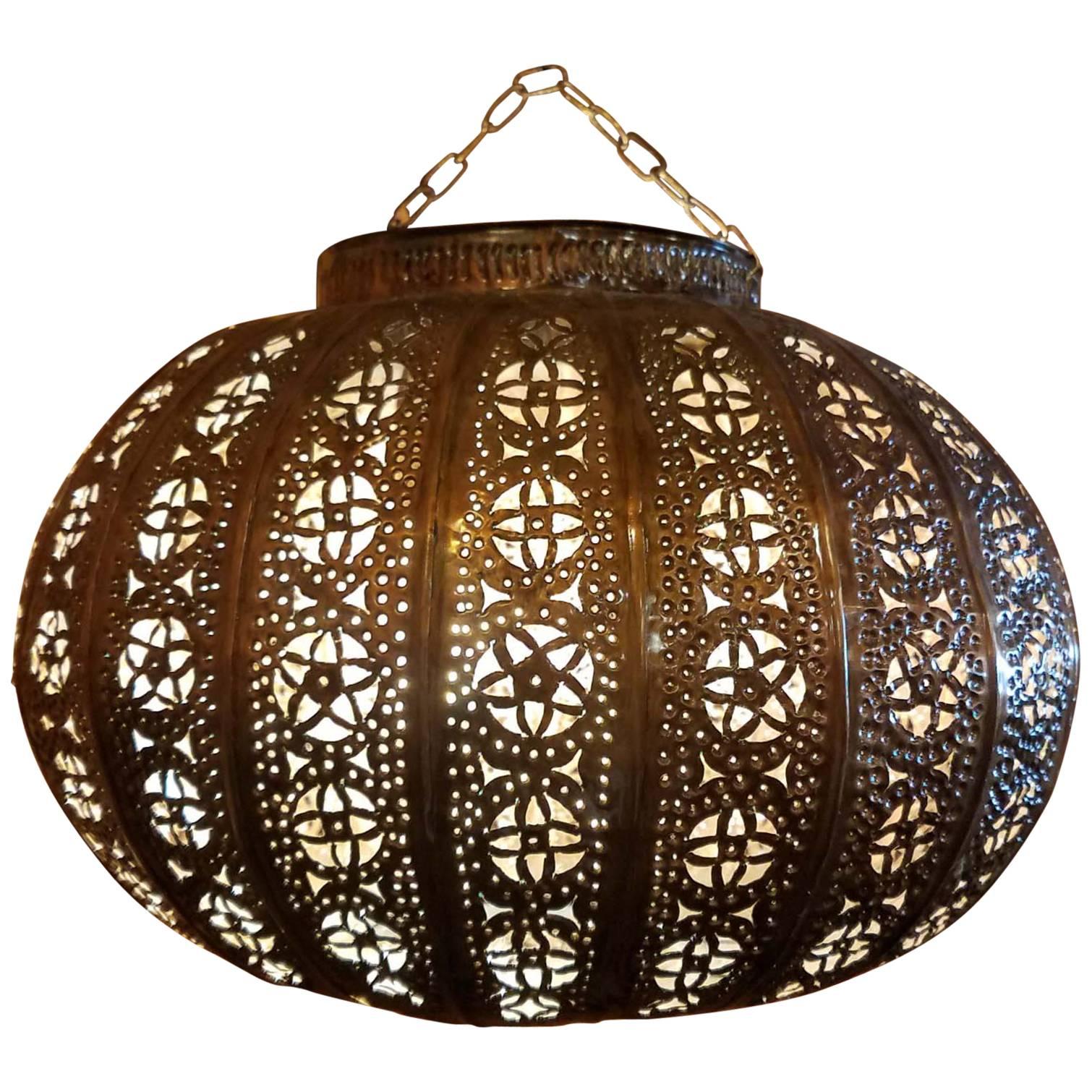 Turkish Moroccan Handmade Copper Finish Multi-Color Glass Metal Lantern For Sale