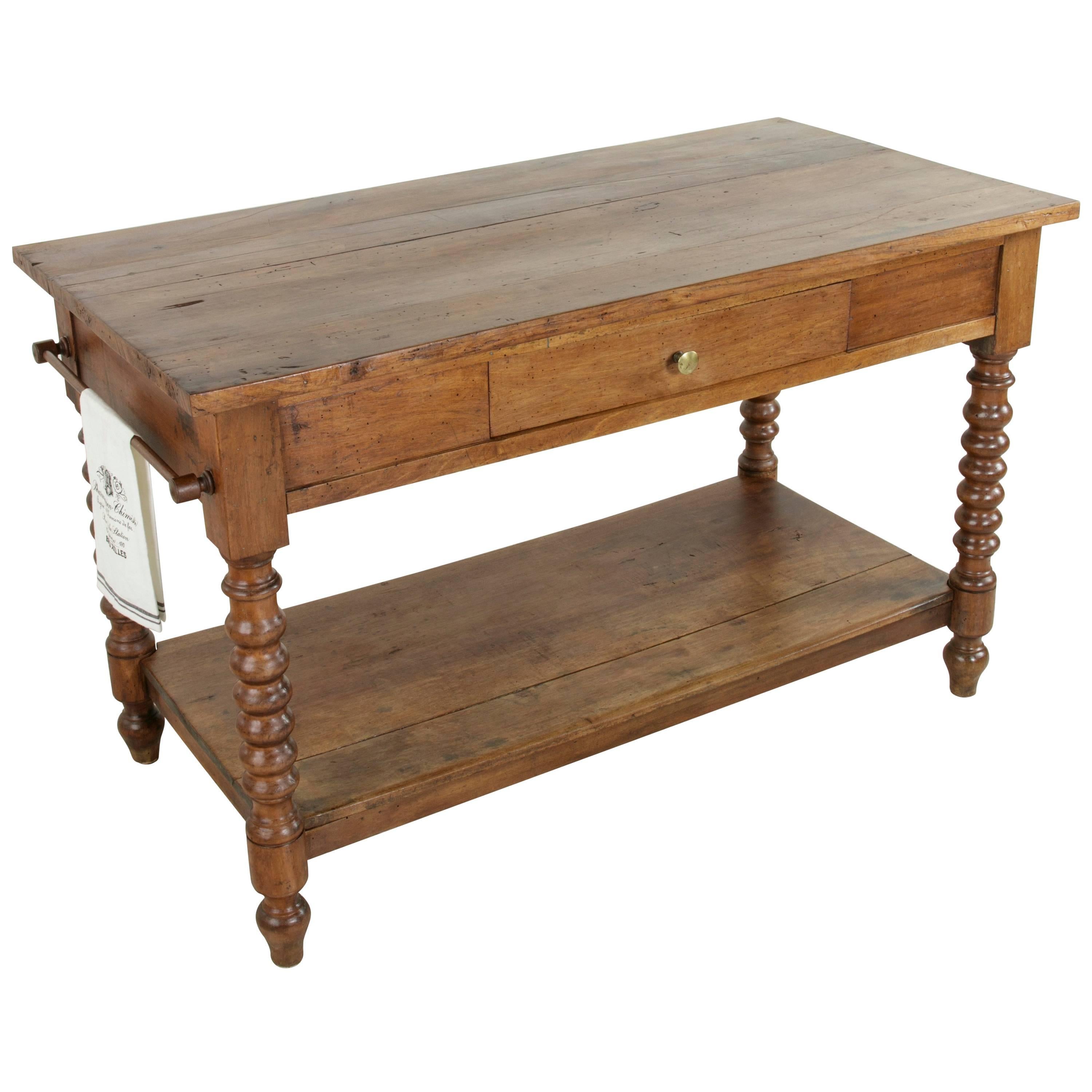 19th Century French Walnut Draper's Table or Kitchen Island with Drawer