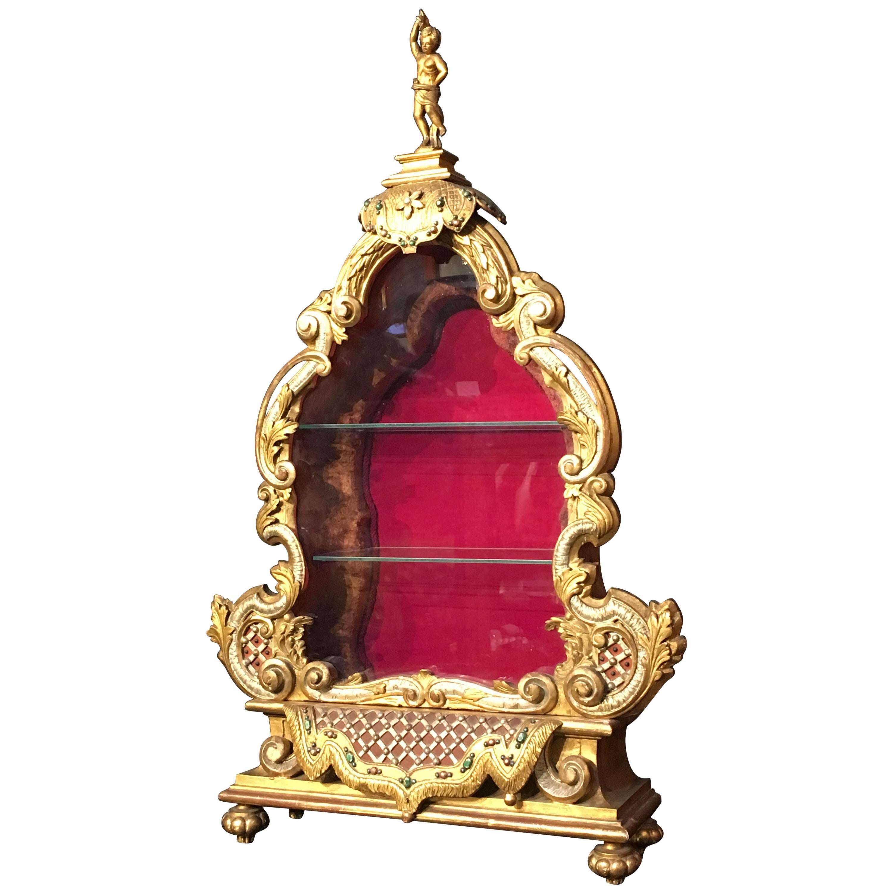 Late 19th Century Italian Baroque Revival Gilt and Polychrome Table Top Vitrine For Sale