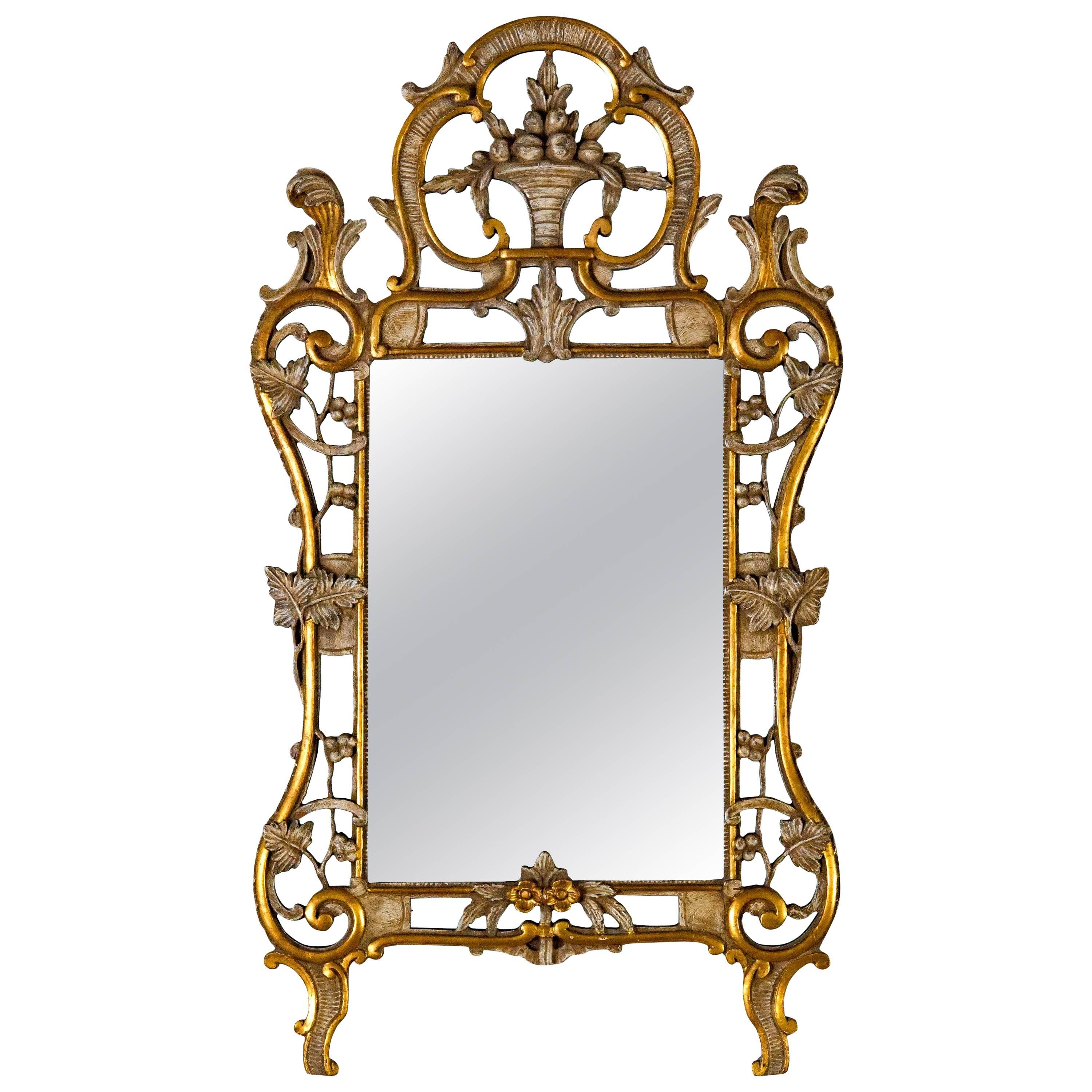 Basket Top Mirror in Antique White with Gold Metal Leaf Trim For Sale
