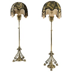 Antique Rare Pair of Period Brass Extending Standard Lamps by Messenger of Birmingham