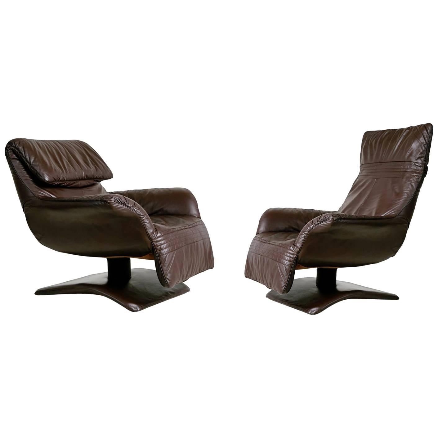 Scandinavian Modern Leather Club Chairs with Adjustable Headrests, Pair