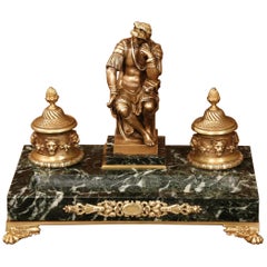 19th Century French Bronze and Green Marble Inkwell with Roman Figure and Mounts