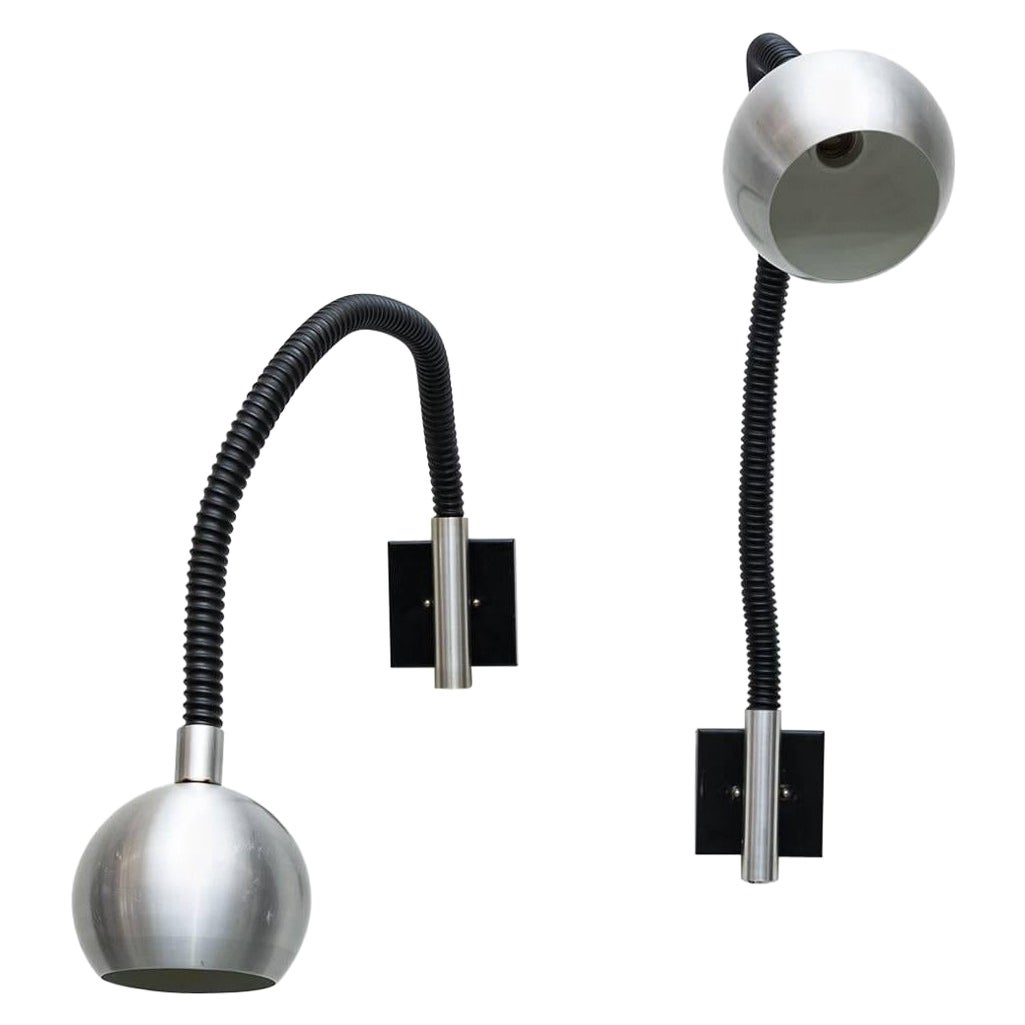 Pair of RAAK Wall Mount Aluminum and Black Goose Neck Spot Lamps For Sale