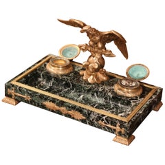 Early 20th Century French Green Marble and Bronze Inkwell with Eagle and Mounts